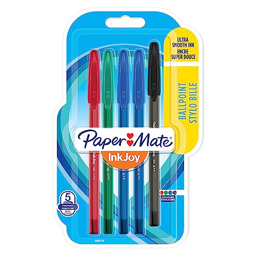 Paper Mate InkJoy 100ST stylos bille avec bouchon | pointe fine (0,7 mm) | assortiment de couleurs classiques | lot de 5