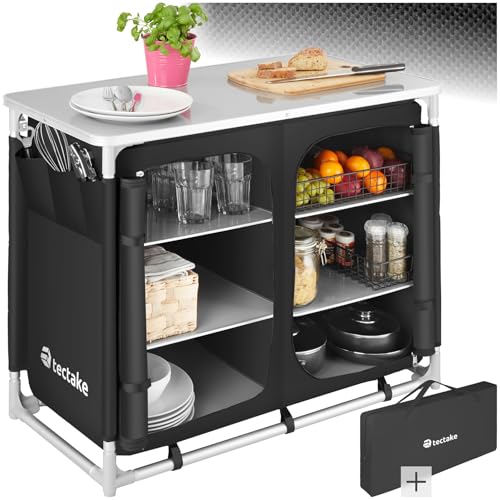 TecTake® Meuble de Rangement Cuisine de Camping Luxueuse Pliable en Aluminium, avec 6 Étagères, Plan de Travail, Pieds réglables, Sac de Transport Inclus, Stockage pour Vaisselle, Accessoires Cuisine