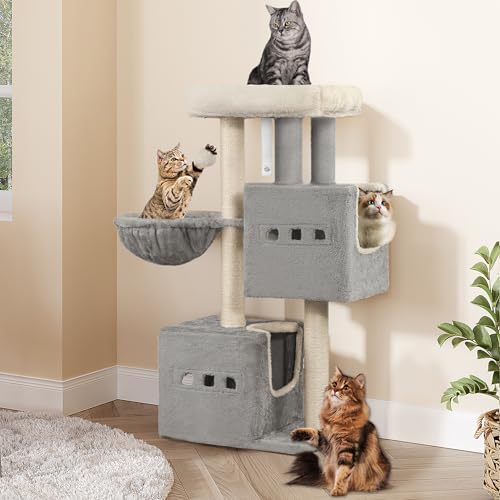 Hzuaneri Arbre à Chat,Tour de Jeux 98 cm, Meubles de Maison pour Chats avec 2 Niches, Grande Plate-Forme, Sisal Griffoir, Hamac, Gris Clair MS10018LG