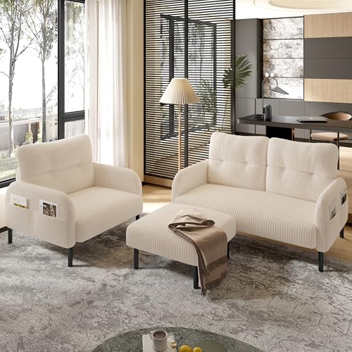 Canapé 3 Places avec Repose Pieds, Ensemble de 1 fauteuils et canapé 2 Places avec Poche latérale, Siège Profond avec Tube d'acier et Dossier Extra-Souple, rembourré Beige Velours côtelé