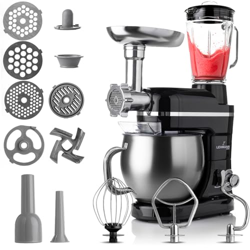 Lehmann Machine de cuisine universelle 3 en 1 | Avec système de battement planétaire | Multifonctionnelle avec hachoir à viande | Presse-agrumes de 1,5 L | Bol en acier inoxydable de 5 L (Noir)