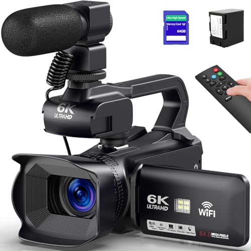 Caméscope 6K 64MP Écran Tactile 18X Zoom Numérique Vision Nocturne Infrarouge Vlogging Caméra pour YouTube, Caméra Vidéo WiFi avec Pile 4500mAh, Carte SD 64 Go,Stabilisateur,Microphone et Télécommande