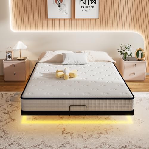 Stanew Cadre de Lit 180x200 avec Sommier, 20CM Hauteur du Métal, Design Flottant avec Éclairage LED, Sommier 180x200 - Lit King Size, Cachées Jambes, Noir-sans Matelas