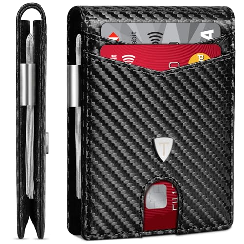 TEEHON Portefeuille Homme Slim Cuir en Fibre de Carbone avec Blocage RFID et Emplacements pour Cartes de Crédit, Clip de Billets, Minimaliste Porte Monnaie Homme Bi-Fold - Noir.