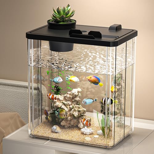 Aquarium à poissons avec lumières LED, kit complet avec pompe, fausses montagnes, fleurs artificielles, pierres, cuillères à poissons, boîte à poissons, décoration pour salon, maison, bureau, 26,5 x