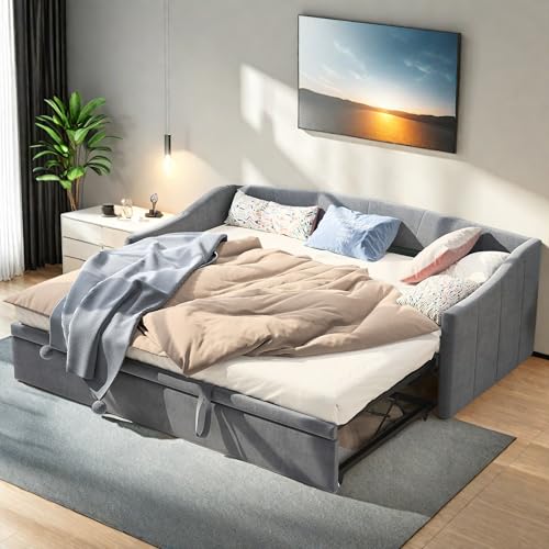LKPOMI Canapé lit Convertible 2 Places 90/180 x 200cm, lit canapé 2 Personnes avec sommier à Lattes, Lits Extensible, Tissu Velours, sans Matelas (Gris 2)