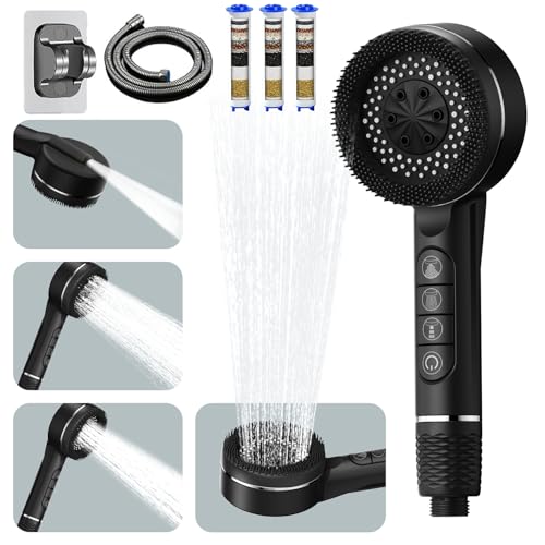 Pommeau de Douche Haute Pression, Pommeau de Douche Economie avec Tuyau 1.5M et Support, d'Eau àCartouche Remplaçable, 4 Types de Jets Pommeau De Douche avec Bouton D'arrêt D'eau- Sombre