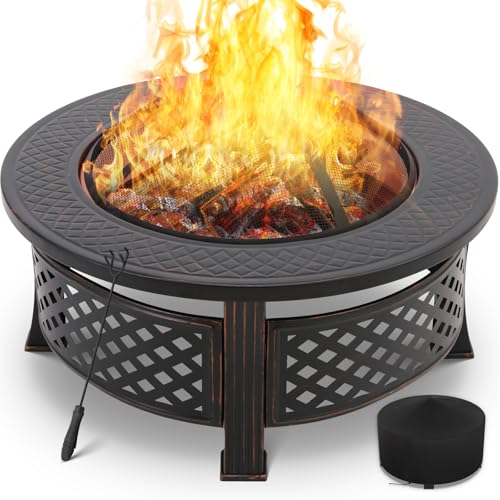 Braséro Barbecue Exterieur avec Housse de Protection, 3 en 1 Cheminée de Jardin, 80x80x54cm, Chauffage en Hiver, avec Grillage de BBQ galvanisé, Pare-Étincelles, Fourche à feu