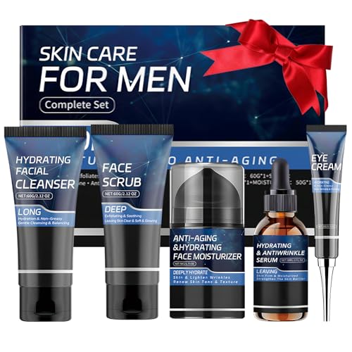 Ensemble de Soin Visage Homme, 5 IN 1 Skincare Routine Kit avec Nettoyant, Sérum, Crème Hydratante, Gommage Exfoliant, Crème Yeux, Cadeau Saint Valentin Anniversaire pour Mari Papa Frère Lui