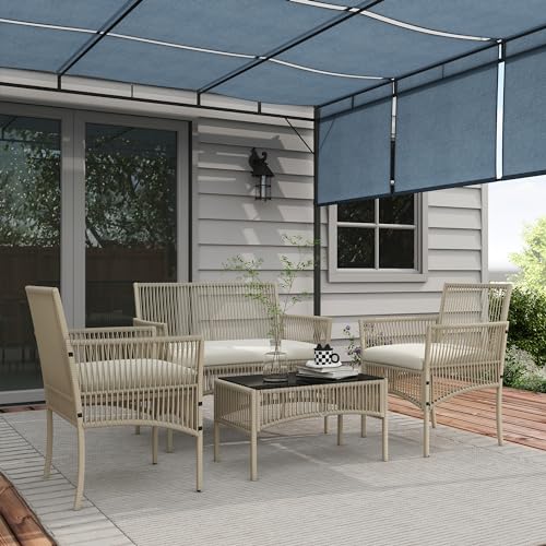 Outsunny Salon de Jardin extérieur 4 pièces canapé 2 Places + 2 fauteuils + 1 Table Basse Plateau Verre trempé Noir 3 Coussins d'assise - métal et résine tressée - Kaki