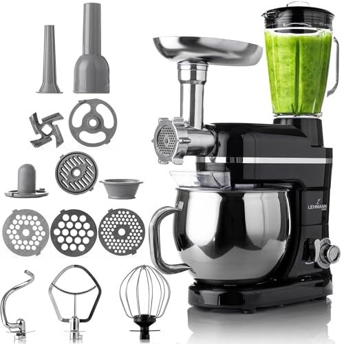 Lehmann Machine de cuisine universelle 3 en 1 | Avec système de battement planétaire | Multifonctionnelle avec hachoir à viande | Presse-agrumes de 1,5 L | Bol en acier inoxydable de 5 L (Noir)