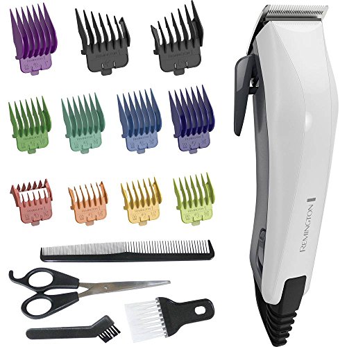Remington Tondeuse Cheveux [Idéale Famille] ColorCut (Utilisation Facile, Lames acier inoxydable Auto-Affûtées, Secteur, 11 Sabots colorés 1,5-25mm, Peigne, Ciseaux) Tondeuse HC5035