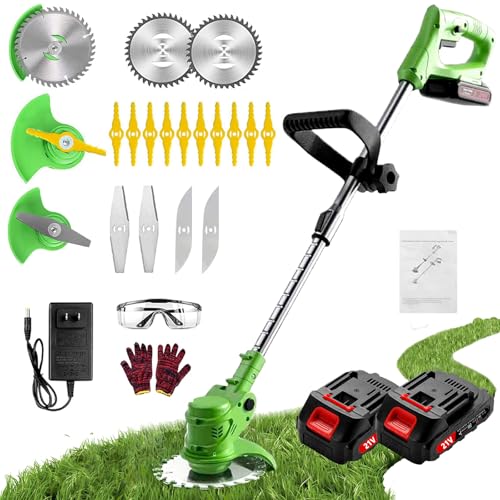 Debroussailleuse Electrique sans Fil, Débroussailleuse à Batterie Brushless avec 2 Batteries de 2,0 Ah et Chargeur, Coupe Bordure sans Fil avec 3 Lames Différentes, Longueur Réglable