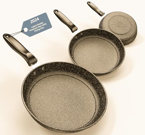 Kiseely Lot de 3 poêles 26/28/30cm, revêtement anti-adhésif en céramique sans PFAS avec de vraies particules de pierre, passe au lave-vaisselle (FG1)