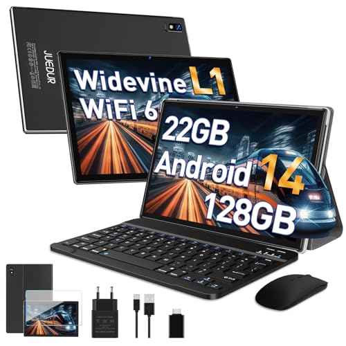 Tablette Android 14, tablette tactile, Tablette 10 Pouces, 22Go RAM 128Go ROM (1TB TF), Widevine L1|8000mAh|Octa-Core|2.0Ghz|5G WiFi 6|8MP+5MP|BT 5.0|Tablette avec Clavier, Etui et Souris, Noir