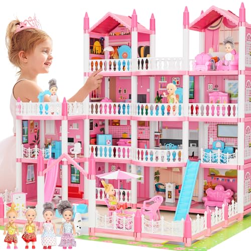 Maison De Poupée Rose pour Filles, Maison De Jeu 4 éTages 15 Pièces avec 4 Poupées, Accessoires Et Lumières Clignotantes, Maison De Poupée Princesse, Cadeau pour Enfants De 3 4 5 6 7 Et 8 Ans