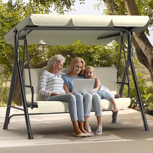 Balancelle de Jardin 3 Places avec Toit réglable｜Banc à Bascule Ergonomique, résistant aux intempéries｜Balançoire Extérieur idéale pour Jardin et terrasse, Cadre Robuste, Montage Facile｜Beige