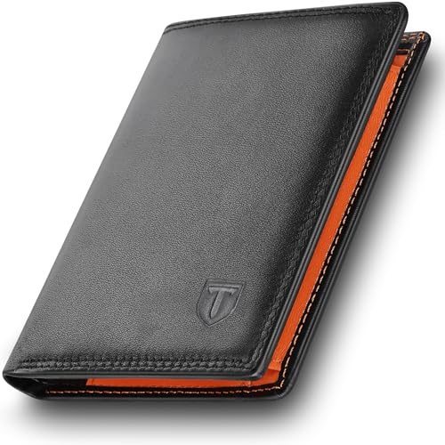 TEEHON Portefeuille Homme en Cuir Véritable Porte-Monnaie avec Blocage RFID/NFC 13 Porte Carte Crédit, 2 Compartiment à Billets, Grande Poche à Monnaie, Classique Porte Feuille Noir Orange