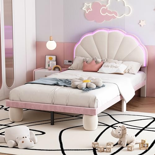 BTM Lit Simple Rembourré 90x200 avec LED Réglable, Lit Enfant avec Sommier à Lattes pour Fille, Tête Festonnée, Pieds Ronds Rembourrés, Velours, Rose et Beige (sans Matelas)