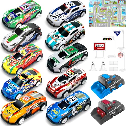 TOYABI Coffret Petite Voiture Enfant, 10 Petites Voitures Jouets avec Catapulte & Tapis de Jeu, Lot Voitire Miniature en Métal 1/64, Mini Cars, Véhicules à Friction pour Enfants 3 4 5 6 7 8 Ans