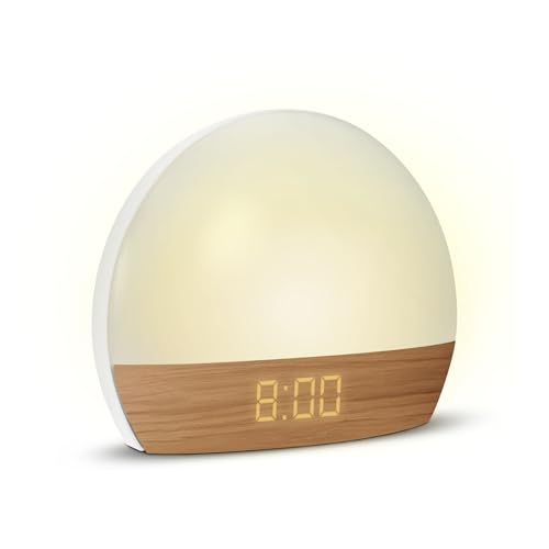 mooov 477356 Réveil simulateur d'aube Lumiere Progressive sur Secteur - Luminothérapie Eclairage Blanc ou Couleur - Charge Port USB-A - Effet Naturel Bois