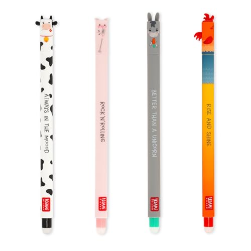 LEGAMI - Set of 4 Farm Sweet Farm Erasable Gel Pens, Stylos à encre thermosensible effaçable, noir, rose, vert, rouge, efface sans consommer de feuille, pointe 0,7 mm