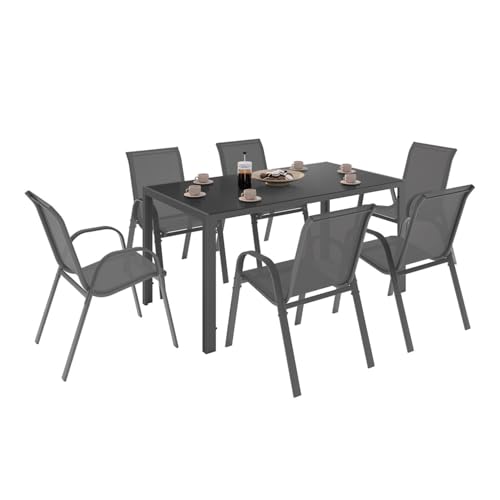 IDMarket - Salon de Jardin Madrid Table 150 CM et 6 chaises empilables Gris Anthracite