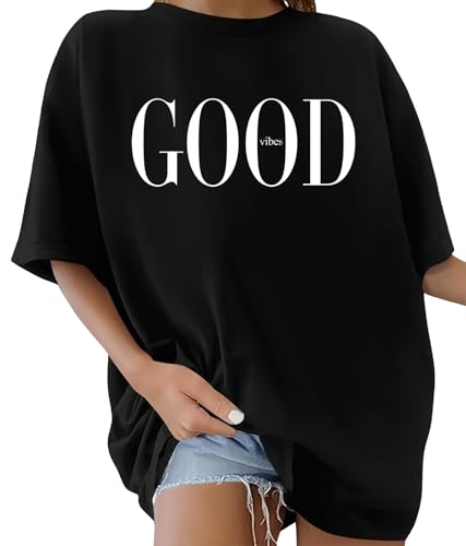 heekpek Tee Shirt Femme Oversize T Shirt Chemise à Manches Courtes Coton à Col Rond T-Shirt Grande Taille Haut Ete, G-Noir, XL