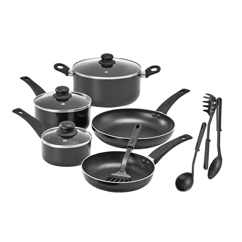 bella Batterie de cuisine, 12 pièces avec ustensiles, antiadhésifs, sans PFOA, surface de cuisson résistante aux rayures, compatible avec toutes les cuisinières, nylon et aluminium, noir