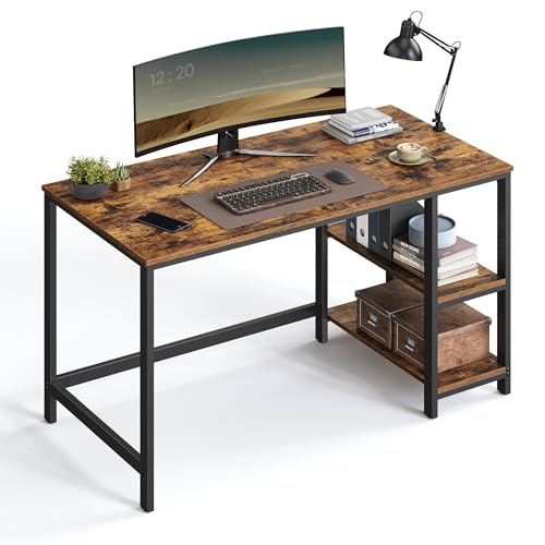 VASAGLE Bureau avec Rangement, Table Industriel avec Étagère à 2 Niveaux à Gauche ou à Droit, Cadre en Métal, Postes de Travail pour Bureau, Chambre, 120x60x75 cm, Marron Rustique et Noir LWD47X