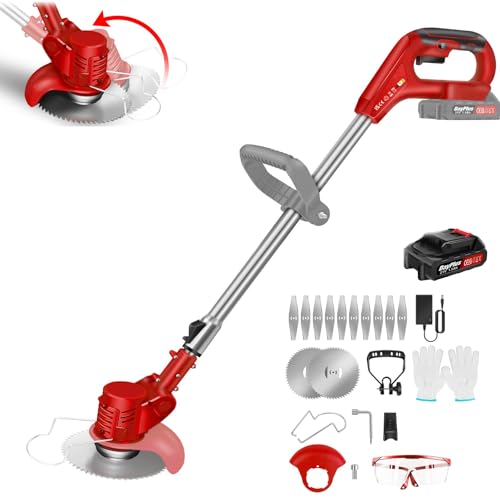 Débroussailleuse Electrique sans Fil, 21V Coupe Bordure avec Batterie et Lames, Pliage Rétractable Tête Pivotante 90°, Débroussailleuse à Batterie pour la Coupe de Jardin, Pelouses et Terres Agricoles