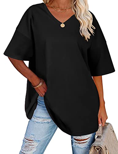 heekpek Tee Shirt Femme Oversize T-Shirts à Manches Courtes Cotton Été Chic Grande Taille T Shirt Col V Tee Shirt Lâches Hauts, Noir, XL
