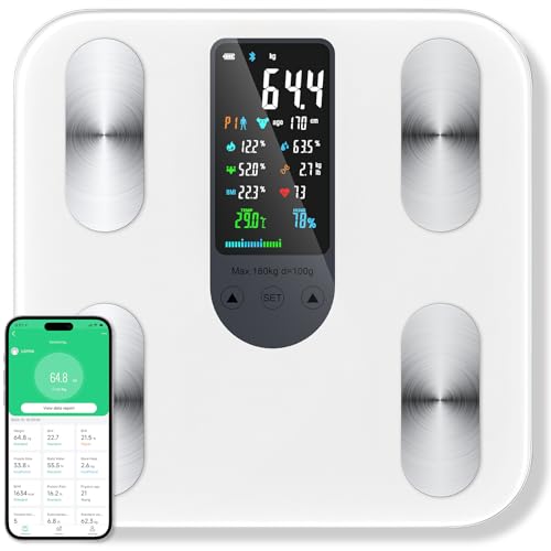 RWSRW Balance Pèse Personne, Pèse-Personne Numérique, Balance Connectée Bluetooth Haute Précision avec Grand Écran 22 Mesures (Fréquence Cardiaque, BMI, Muscle, Eau)