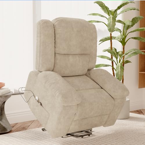 Fauteuil inclinable avec élévation électrique, fauteuil de massage avec chaleur lombaire et poches latérales, repose-pieds extensible, canapé de relaxation inclinable (beige-A)
