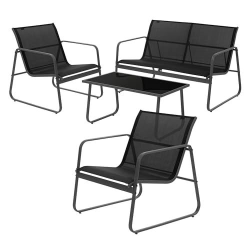ML-Design Ensemble de Meubles de Jardin 4 Pièces, Noir, en Acier et Tissu Oxford Polyester, pour 4 Personnes, Meubles de Balcon avec Table en Verre, Canapé et 2 Fauteuils, Résistant aux intempéries
