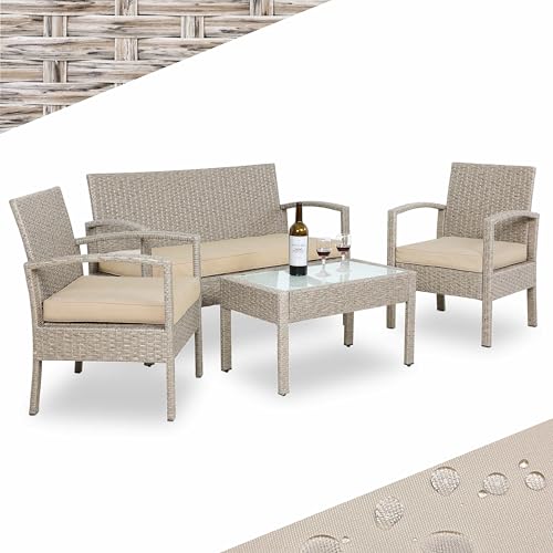 Casaria® Salon de Jardin en Polyrotin Crème 4 Personnes 2 chaises 1 Banc Meubles d'extérieur Jardin terrasse Balcon résistant intempéries