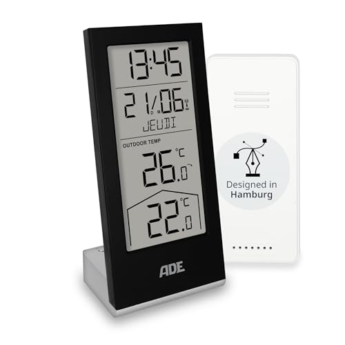 ADE Station météo numérique sans fil avec capteur extérieur | Thermomètre intérieur et extérieur | Horloge radiocontrolé | calendrier avec jour de la semaine en français | noir