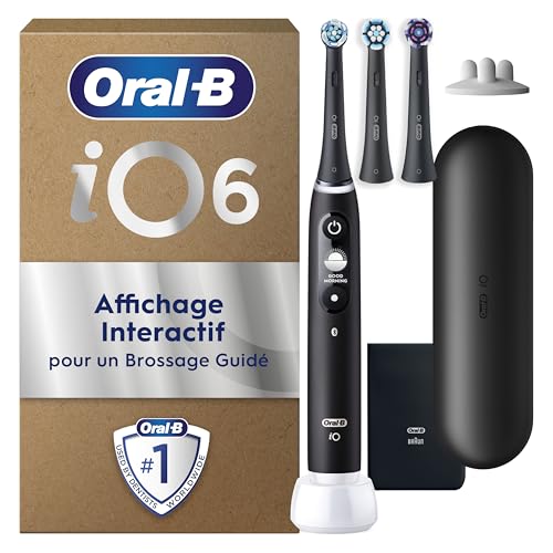 Oral-B iO 6 Brosse À Dents Électrique Noire Pour Adultes, 5 Modes De Nettoyage Avec Blancheur Et Douceur, Capteur De Pression Pour Protéger Les Gencives, 3 Brossettes De Rechange, 1 Étui De Voyage