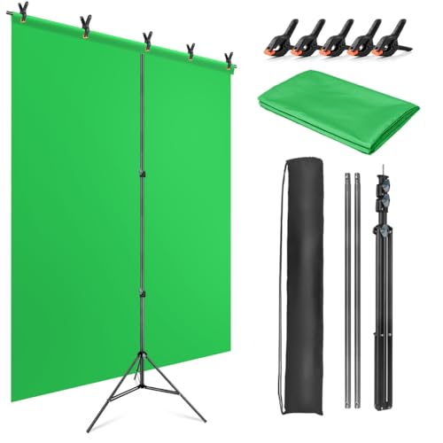 JEBUTU Écran vert avec support réglable 1,5 x 2 m, tissu Green Screen 1,5 x 2 m, avec 5 pinces et sac de transport pour Chroma Key Streaming, séance photo, vidéo zoom