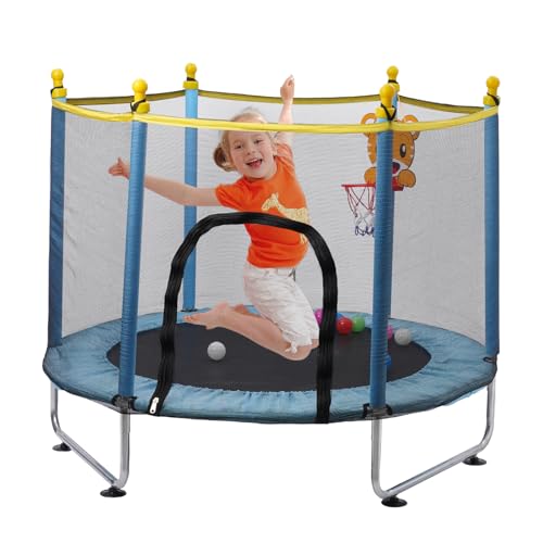 Trampoline pour Enfant 140cm, Trempoline Exterieur avec Filet de Sécurité, Trampolines Interieur avec Panier de Basket, Petit Trampoline extérieur Enfants 2 3 Ans