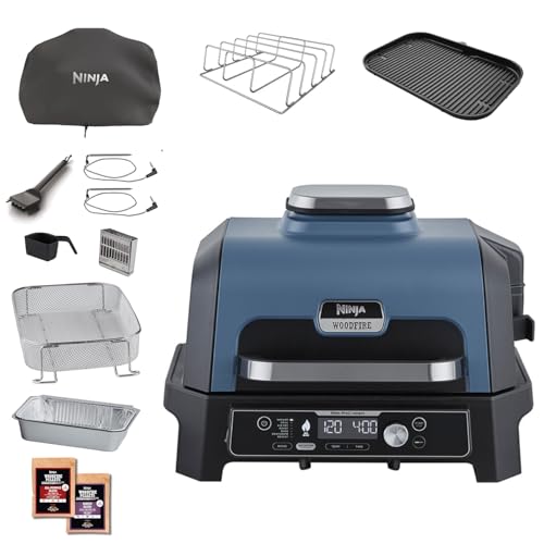 Ninja Woodfire Pro Connect XL Barbecue Électrique & Fumoir avec Contrôle d'Application, 2 Sondes, Grille, Housse, Revêtements & Brosse, Grill & Friteuse sans huile 7-en-1, Bleu & Noir OG901EUAMZ