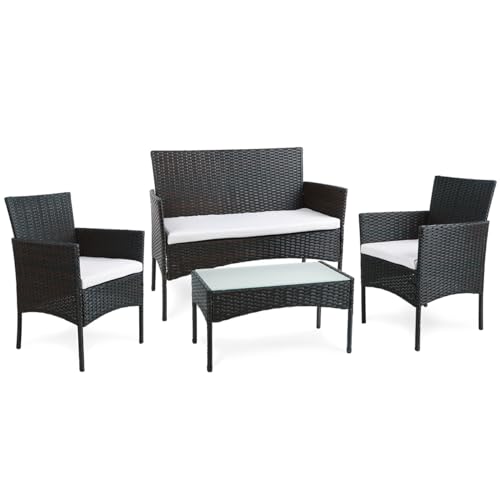 BENEFFITO Tulum - Salon de Jardin en résine tressée 4 Places: 1 canapé, 2 fauteuils, 1 Table Basse - Coussins déperlants et déhoussables avec Fermeture éclair - Noir/Beige