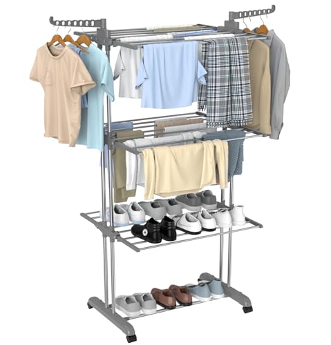 Innotic Etendoir Linge Intérieur et Extérieur, 4 Niveaux Séchoirs à Linge Pliable et Extensible Peu Encombrant, Grande Capacité Seche Linge Etendoir avec Roues, Acier Inoxydable, 172cm, Gris