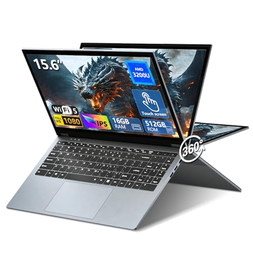 Ekonavi 15,6 Pouces Ordinateur Portable 2 en 1, Ryzen 3 3200U Laptop 16 Go de RAM SSD de 512 Go PC Portable, écran 1920 x 1080, avec RJ45, Type-C, USB 3.0 Ultra-étroit Laptop