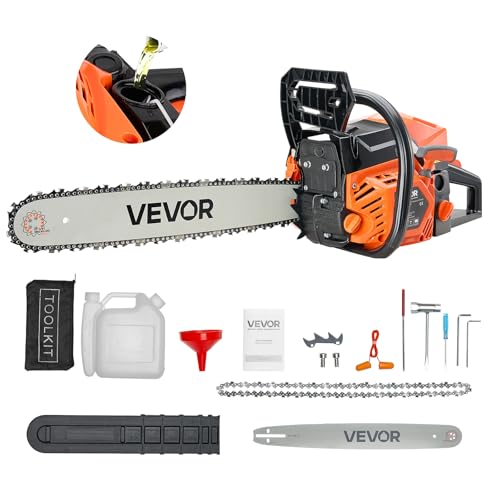 VEVOR Tronçonneuse à Essence 455 mm, Tronçonneuse Thermique 52 cc, 1,8 kW, avec Poignée Antidérapante, Double Réservoir de Carburant, pour Coupe de Bois, Élagage de Branches des Arbres, Défrichement