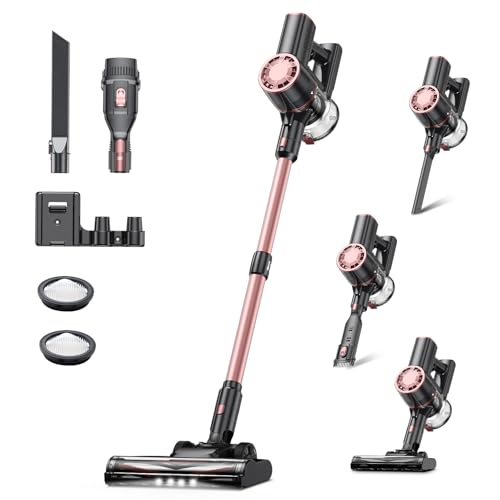 Aspirateur Balai sans Fil, 450W/40Kpa/60 Mins, Aspirateur sans Fil avec Écran LED, Filtration Cyclonique 4 Étapes, Aspirateur pour Tapis,Sols Durs,Poils d'animaux,Aspirateur Balai Léger,Rose