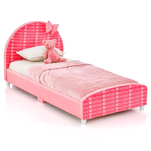 DREAMADE Lit Enfant 152x77x70CM avec Sommier à Lattes,4 Pieds Réglables,Tête de Lit Souple,Cadre de Lit Motifs Nœud pour Filles Garçons 1-8Ans,Charge 80KG (Nœud Rose)