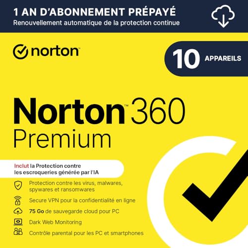 Norton 360 Premium 2024 |10 Appareils | 1 An d'Abonnement | Secure VPN - Password Manager - Dark web monitoring| PC/Mac/iOS/Android | Téléchargement