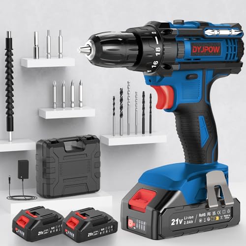 DYJPOW Perceuse Visseuse Sans Fil 21V, Visseuse Devisseuse Sans Fil avec 2 Batteries 2.0Ah, 42Nm Percussion, 18+1 Réglages de Couple, 14 Accessoires, 2 Vitesses, LED, pour le Bricolage, Bleu