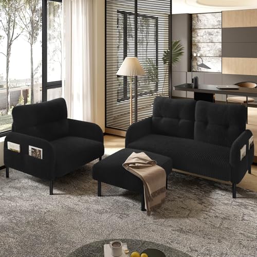 Sweiko Ensemble de Canapé Trois Pièces:Fauteuil + Repose-Pieds + Canapé Deux Places,avec Deux Poches Latérales,Assise Ergonomique,Combinaison Modulaire (Black + Velvet + 4 Seat + Foam)